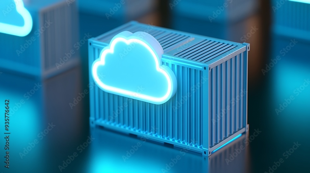 Poster digital illustration showing a cloud icon on a container, representing cloud computing and storage s