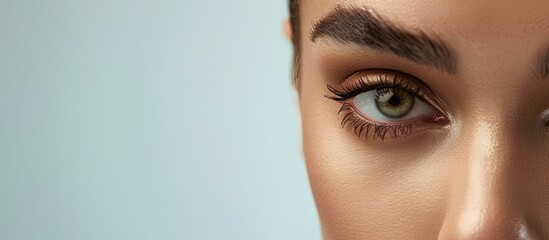 Fototapeta premium Close up of a woman with beautiful eyebrows against a light background with copy space Concepts include microblading microshading eyebrow tattoos henna and powder brows