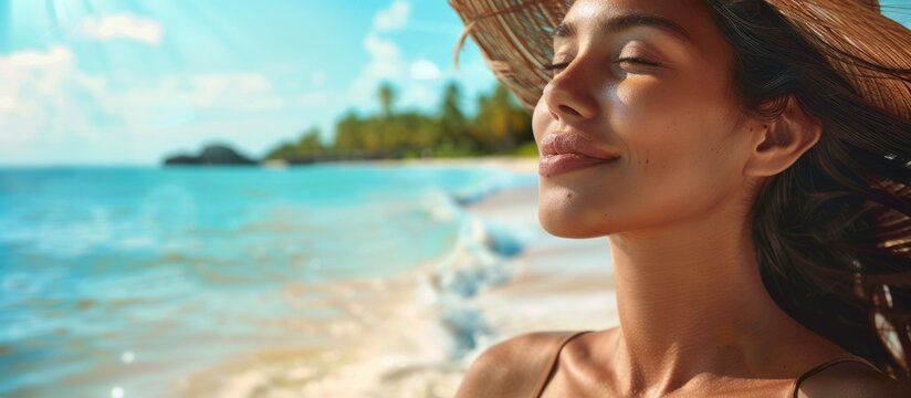 Latin stylish woman unwinding at a tropical beach during summer vacation Portrait of a carefree tanned girl relaxing by the sea with copyspace Young smiling woman savoring the breeze and gazing off i