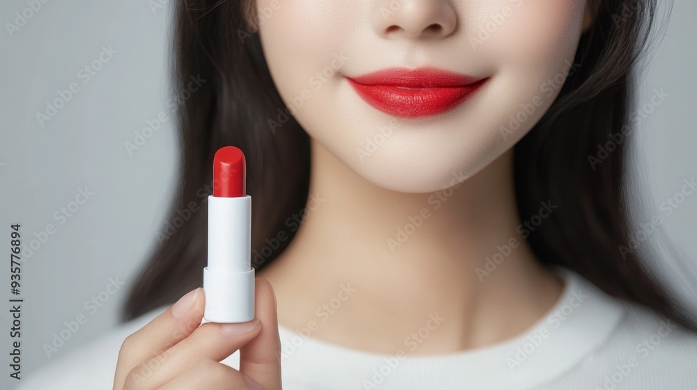 Poster Close-up of a woman's hand holding a red lipstick tube with her lips painted red.