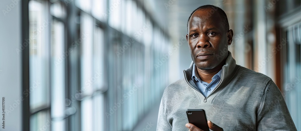 Poster Close up photo of an African American man holding a cellphone against a long corridor backdrop. Copy space image. Place for adding text and design