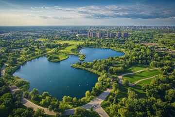 A beautiful aerial shot showcasing multiple lakes and vast expanses of greenery within an urban park, surrounded by modern buildings and clear blue skies.