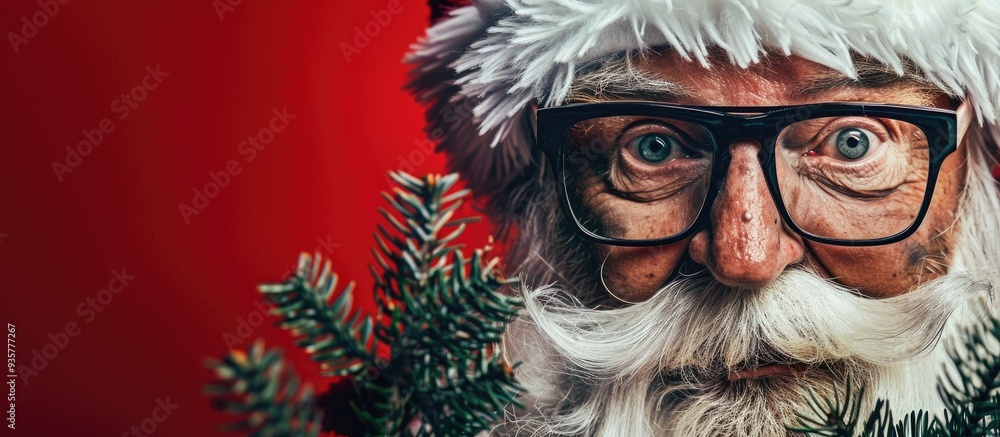 Poster santa s face with glasses and a branch of needles. copy space image. place for adding text and desig