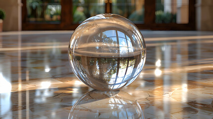 A high-definition shot of a glassy 3D object casting reflections on a marble floor, under ambient light
