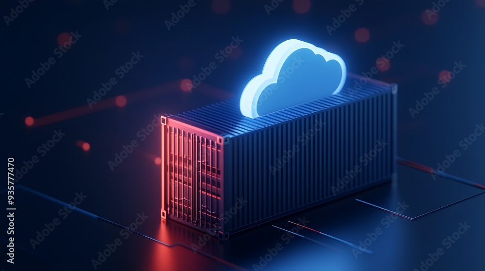 Poster digital representation of cloud computing and container technology with neon lights, focusing on dat