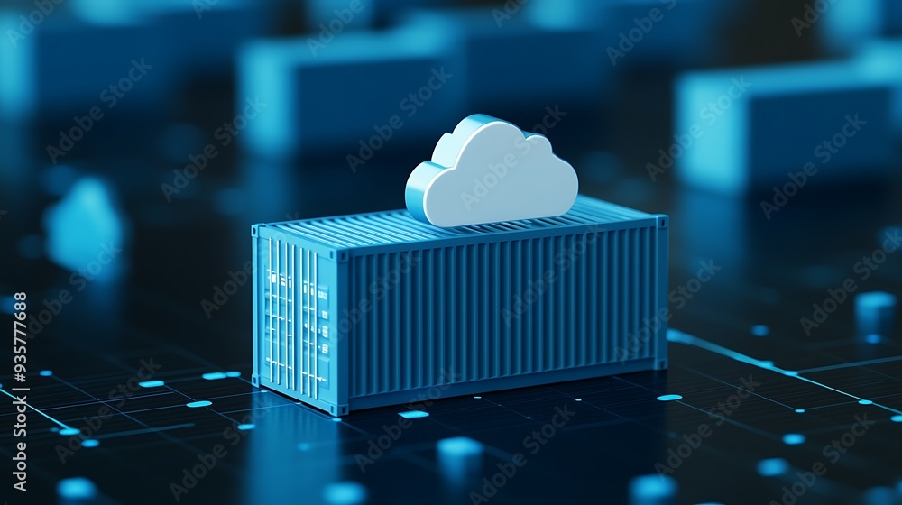 Poster digital representation of cloud computing and data storage with a cloud icon on a blue container. in