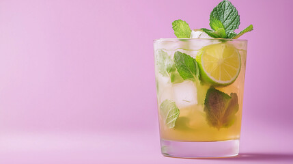 Refreshing mojito served in a tall glass garnished with fresh mint leaves and lime slices against a vibrant orange backdrop