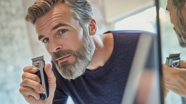 Handsome mature man trimming his beard in the bathroom