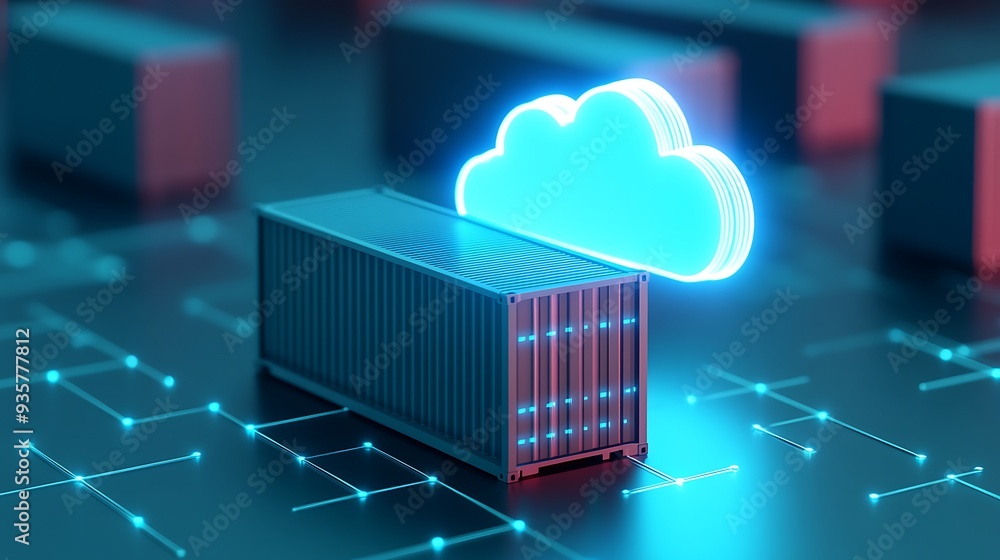 Poster digital representation of cloud computing and virtual containers highlighting modern data storage an