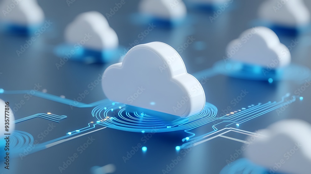 Poster digital representation of cloud computing. multiple clouds interconnected on a blue background symbo