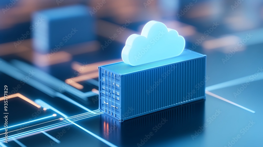 Poster digital representation of cloud computing service with a virtual container and blue circuitry backgr