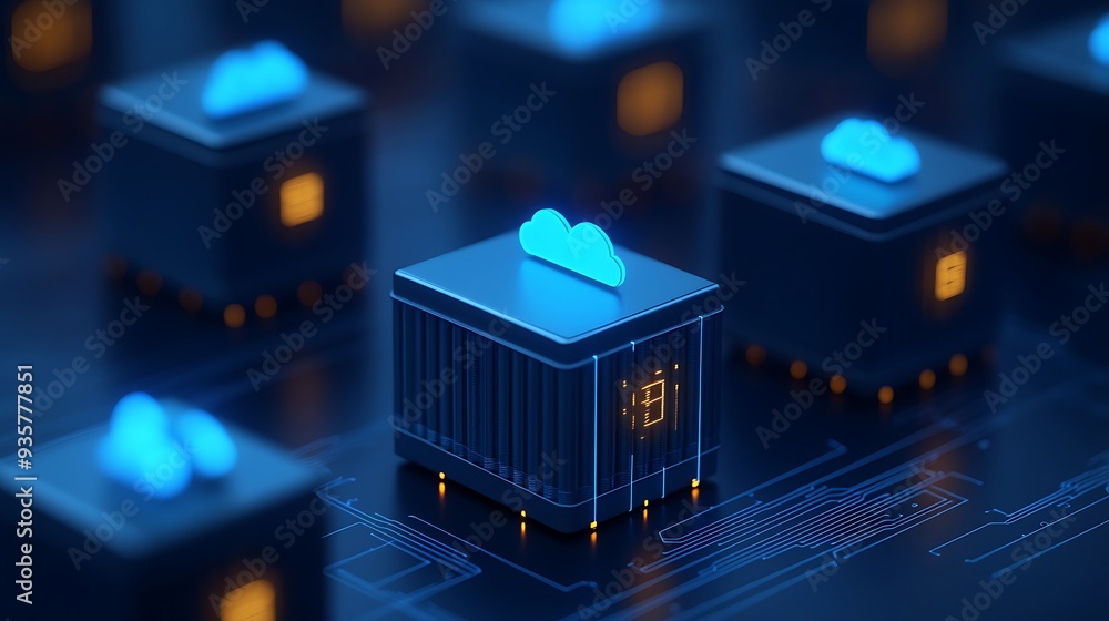Poster digital representation of cloud computing infrastructure with interconnected servers and secure data