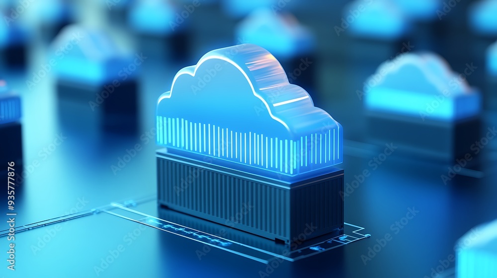 Poster digital representation of cloud computing technology, showcasing futuristic data storage solutions w