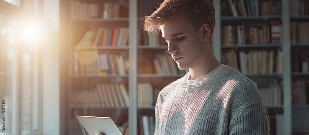 Poster a young man is in an office using a tablet pc to search for the word tutoring online. copy space ima