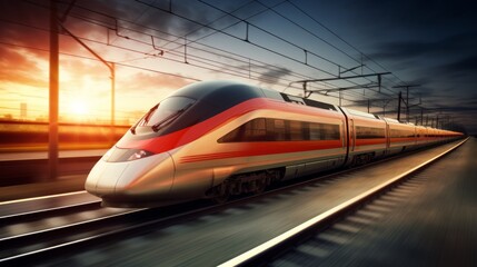 Fototapeta premium High speed train in motion on the railway station at sunset. Neural network ai generated art