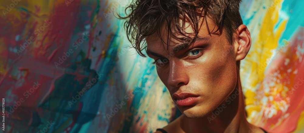 Poster young expressive male model set against a colorful background. copy space image. place for adding te