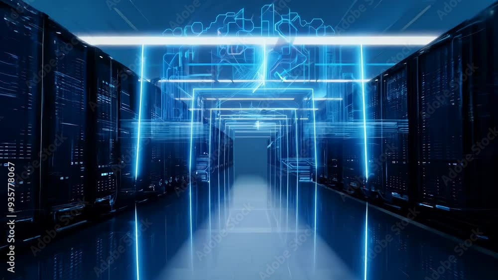 Poster exploring a modern data center with cutting-edge technology and advanced server infrastructure in a 