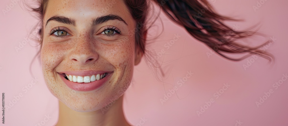 Aufkleber portrait of a smiling woman against a pink background area for text. copy space image. place for add