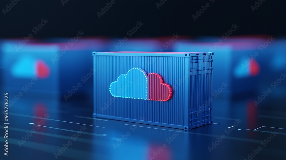 Poster digital representation of cloud computing technology with containers, illustrating modern data stora