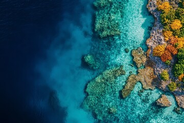 Fototapeta premium An aerial view where vivid coral reefs meet the deep blue ocean waters, showcasing the striking contrast and natural harmony between the vibrant marine life and serene waters.