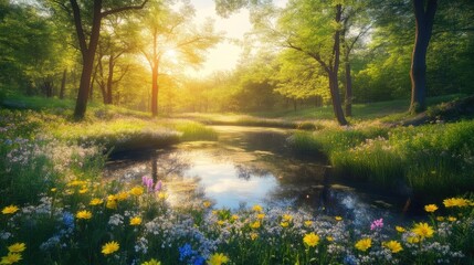 Fototapeta premium Serene Spring Forest Clearing with Pond