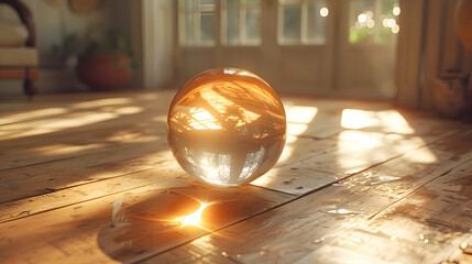 A high-definition shot of a glassy 3D object resting on a polished wooden table, with ambient lighting