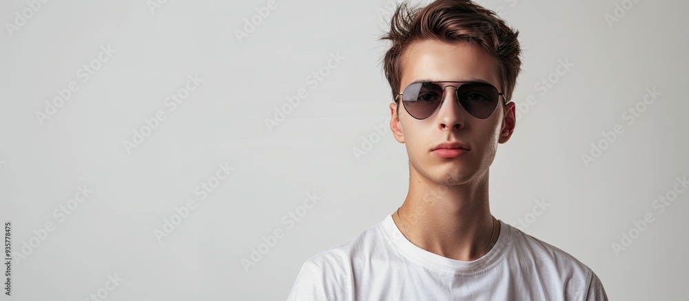 Poster portrait of a self assured young man with sunglasses set against a white background. copy space imag