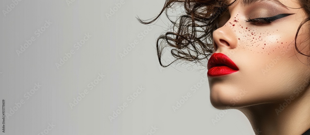 Aufkleber fashion shot featuring an appealing model makeup shapes concept isolated against a white background.