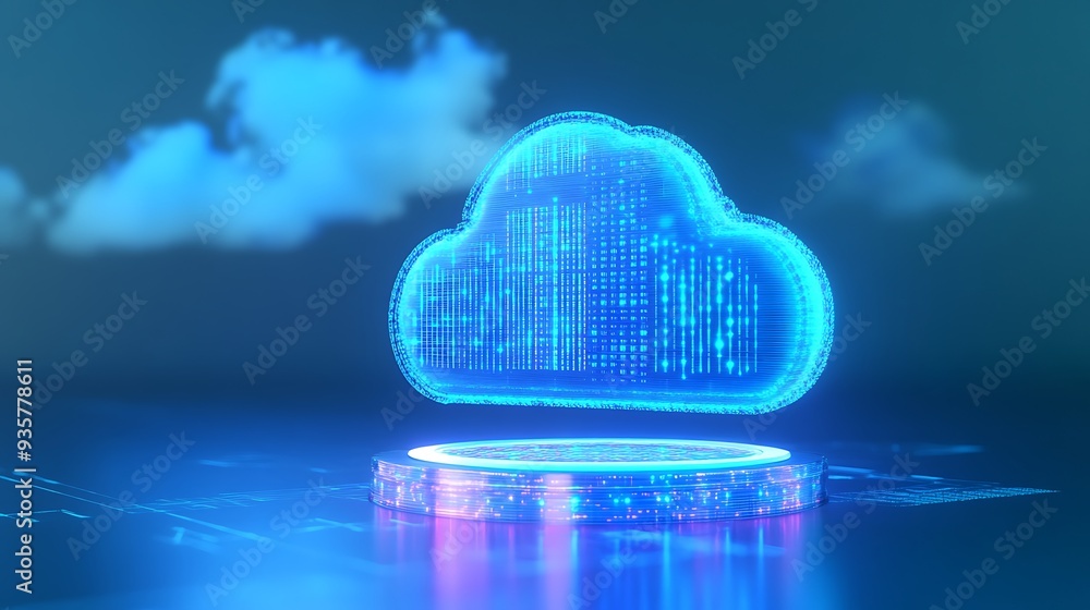 Poster digital representation of cloud computing with a futuristic glowing cloud and data visualization, sy