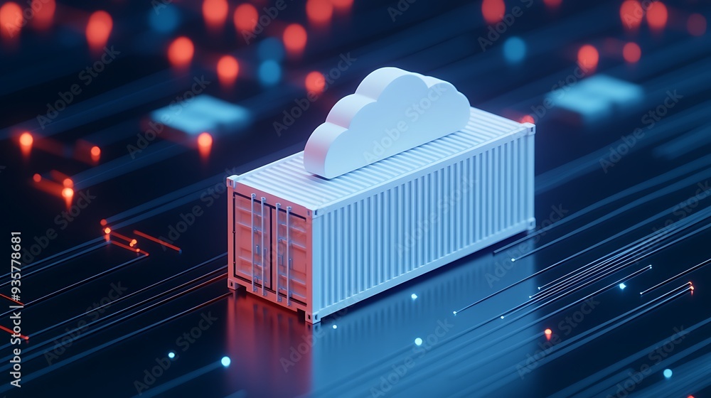 Poster digital representation of cloud computing with a shipping container, symbolizing data storage and cl