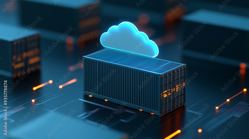 Poster digital representation of cloud computing with data storage server in futuristic technology landscap