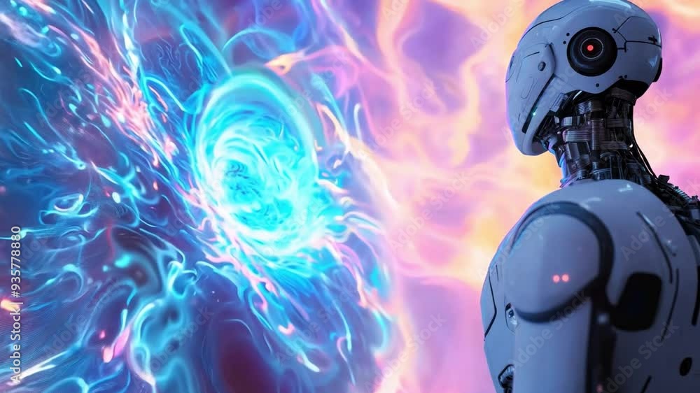 Poster a humanoid robot stands silently, gazing at a colorful digital screen exhibiting pulsating abstract 