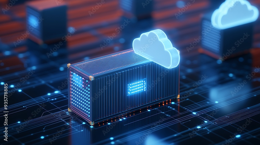 Poster digital representation of cloud computing with data center servers connected to a cloud network in a