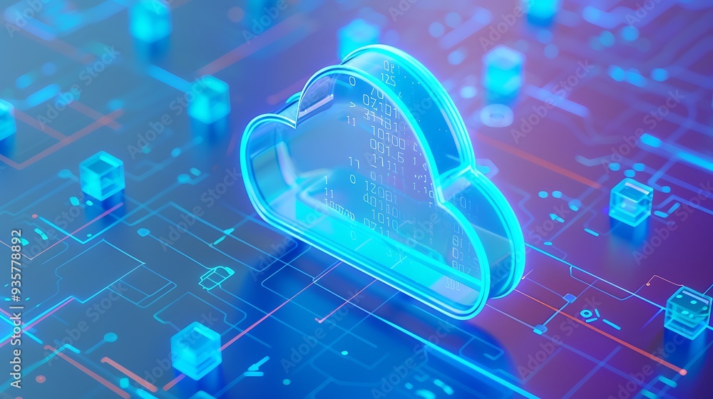Poster digital representation of cloud computing with futuristic technology elements, symbolizing data stor