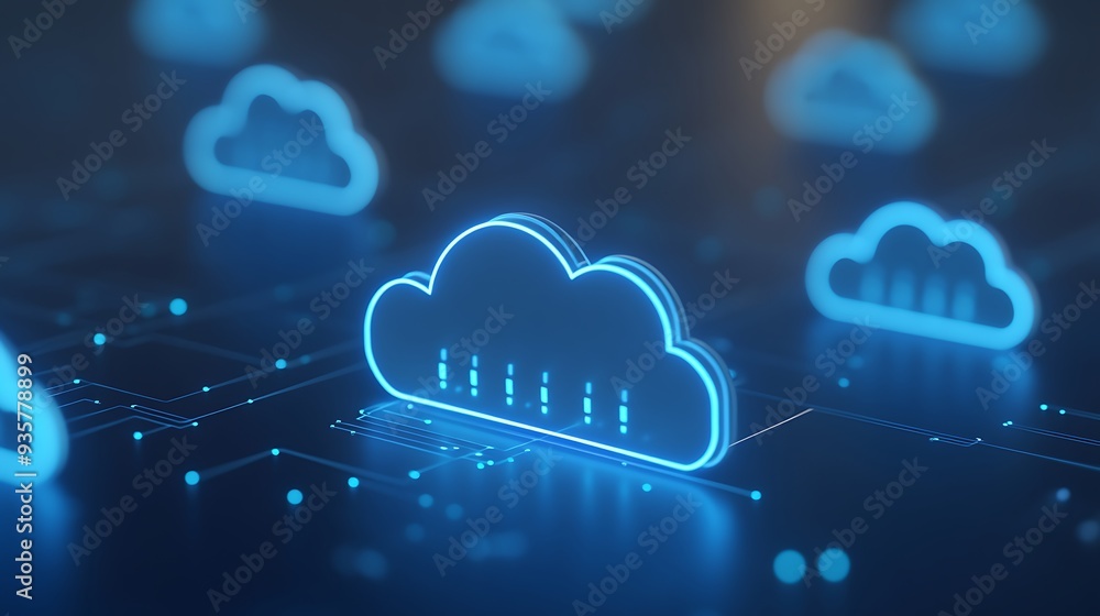 Poster digital representation of cloud computing with glowing blue cloud icons and connections. modern tech