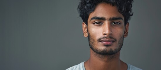 Fototapeta premium Studio photograph of a young Indian man set against a gray backdrop. Copy space image. Place for adding text and design