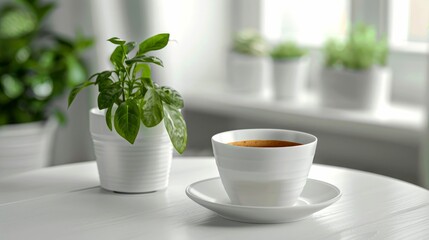 A Cup of Coffee and a Plant on a White Table
