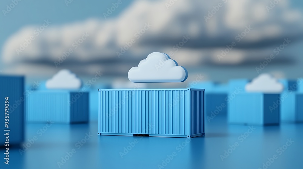 Poster digital representation of cloud storage and computing with containers on a blue background. conceptu