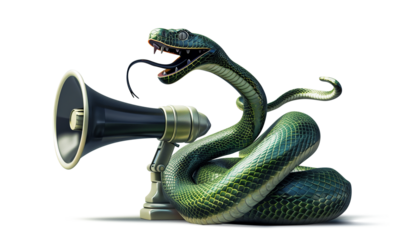 Serpent speaks in megaphone laying symbol disinformation, concept