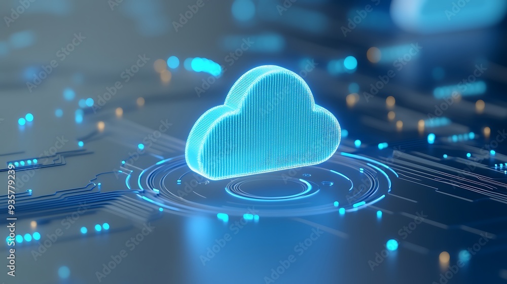 Poster digital representation of cloud technology illustrating data storage, computing power, and modern te