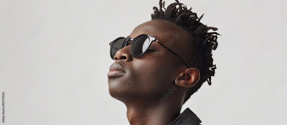 Poster portrait of a self assured young man with sunglasses set against a white background. copy space imag