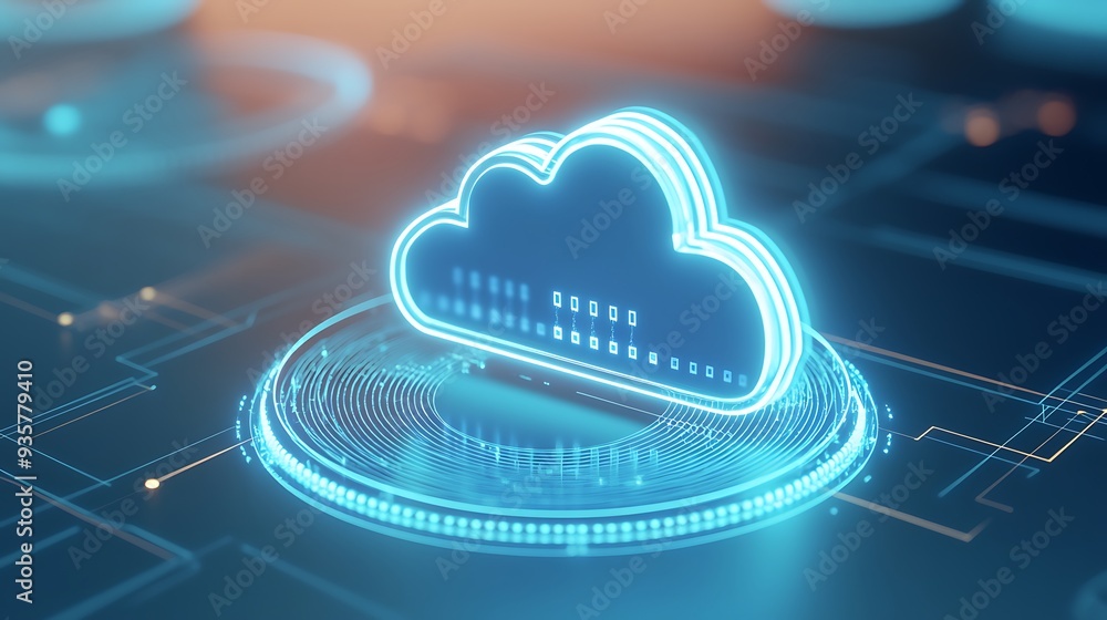 Poster futuristic 3d cloud computing concept with digital holograph. symbolizing data storage, technology, 
