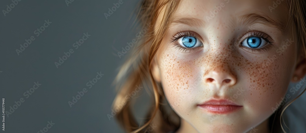 Aufkleber curious girl close up portrait of an attractive child on a grey background. copy space image. place 