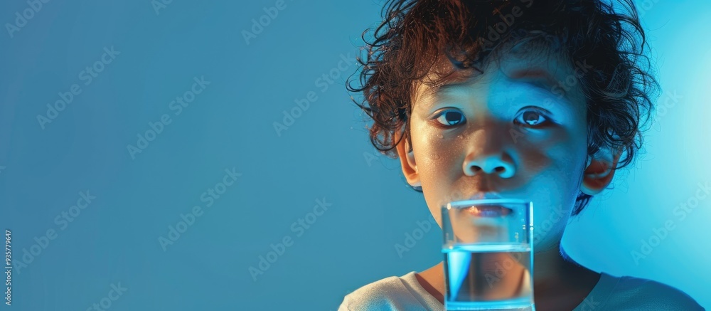Poster child gazing through a glass of water against a blue backdrop. copy space image. place for adding te