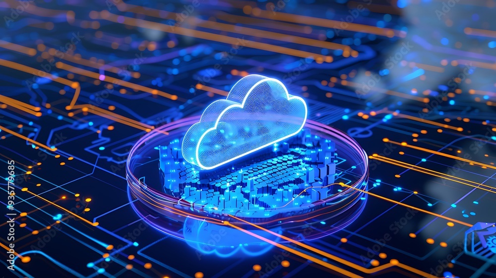 Poster futuristic 3d cloud technology concept with digital circuit board and holographic elements represent