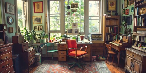 Vintage office with antique furniture and colorful decor