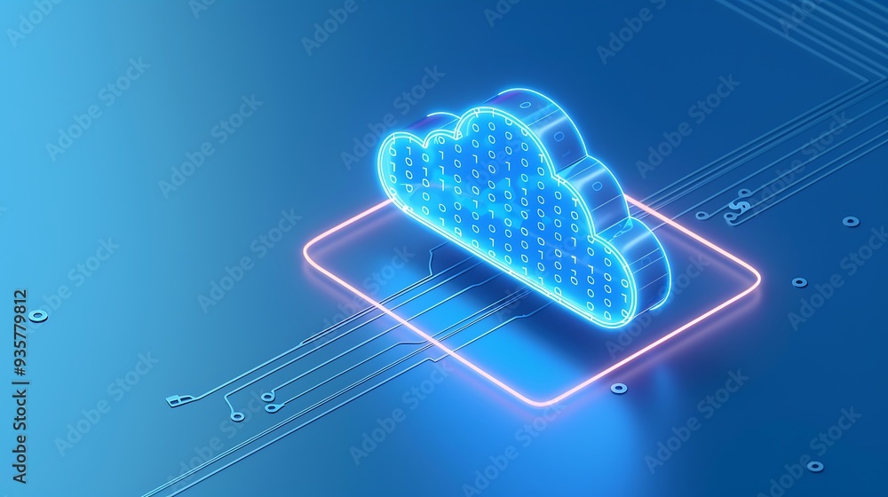 Poster futuristic 3d illustration of a glowing cloud symbol representing cloud computing, data storage, and