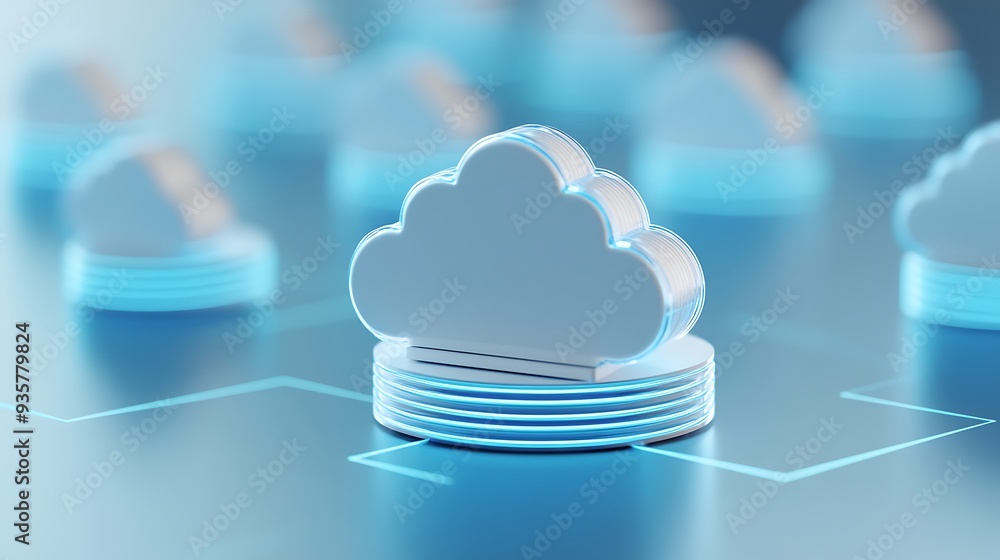 Poster futuristic 3d illustration of cloud computing technology, featuring interconnected server stacks wit