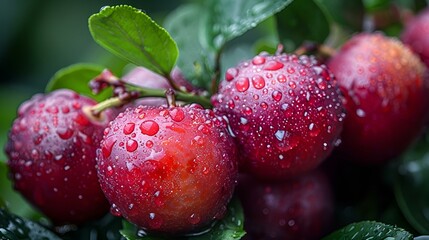 a group of red fruits with water droplets on them