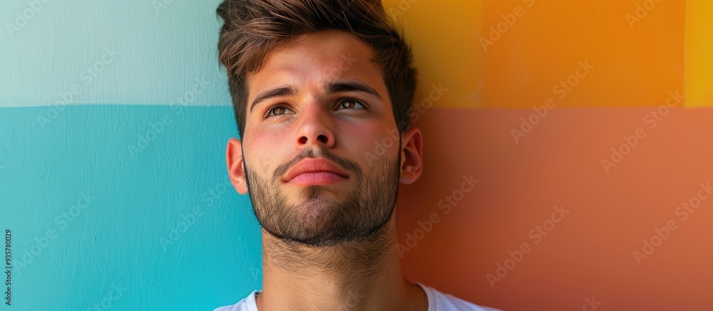 Poster young expressive male model set against a colorful background. copy space image. place for adding te